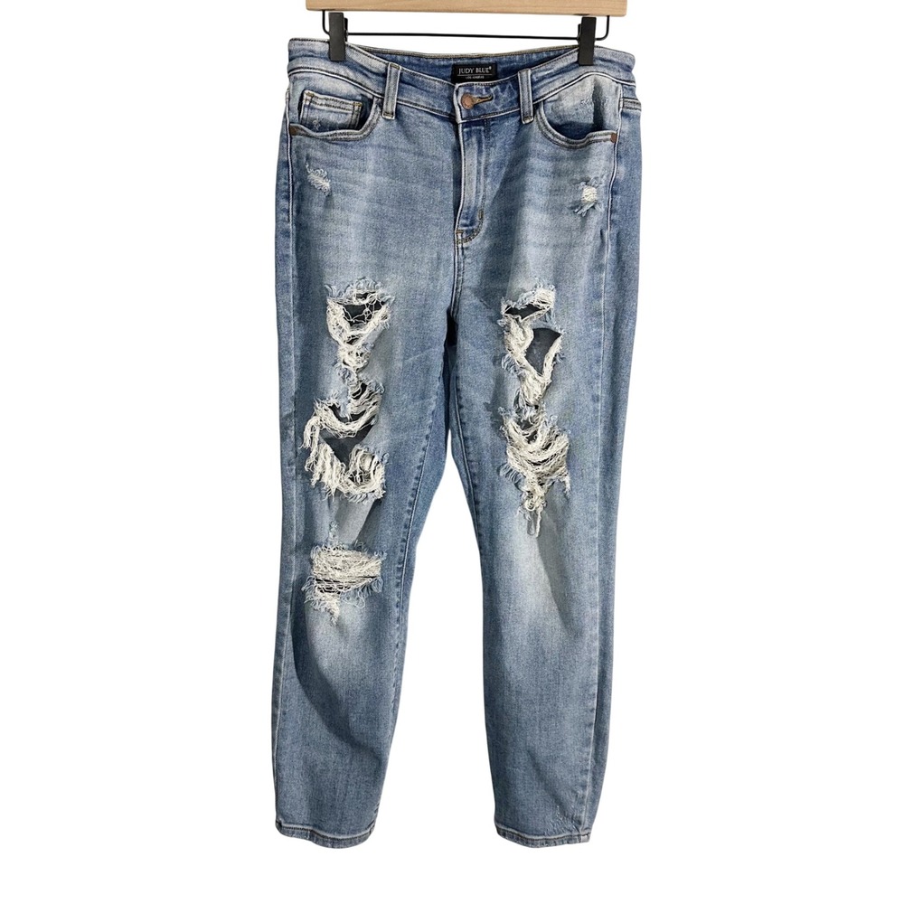 Judy Blue Boyfriend Fit Distressed Mid-rise Light Jeans Blue 7/28 Casual Ripped‎